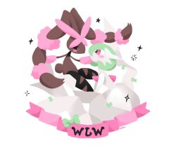  2girls alternate_color artist_name blush bob_cut brown_fur colored_skin dress furry furry_female gardevoir green_hair highres lopunny mega_gardevoir mega_lopunny mega_pokemon multiple_girls pink_eyes pokemon pokemon_(creature) shiny_pokemon u_bayi white_dress white_skin 