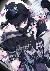  2girls bare_shoulders beret black_choker black_coat black_gloves black_hair black_hat black_kimono black_shoes bug butterfly butterfly_hair_ornament butterfly_hat_ornament butterfly_print_kimono carrying choker closed_eyes closed_mouth coat collared_coat dice_choco dress floral_print floral_print_kimono flower furisode gauze_on_hand gloves gradient_hair hair_flower hair_ornament hat hat_flower hat_ornament hat_ribbon highres housho_margo japanese_clothes kimono lolita_fashion long_sleeves mahou_shoujo_no_majo_saiban mini_hat mini_top_hat multicolored_hair multiple_girls neck_ribbon off-shoulder_dress off_shoulder pink_eyes pink_hair princess_carry print_kimono purple_butterfly ribbon sakuraba_ema shirt shoes short_hair sleeveless sleeveless_coat top_hat wa_lolita white_flower white_hair white_ribbon white_shirt wide_sleeves x_hair_ornament 