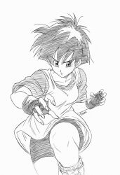  1girl bike_shorts black_hair boots claw_pose closed_mouth commentary cowboy_shot dragon_ball dragon_ball_z english_commentary fighting_stance fingerless_gloves gloves greyscale highres lineart looking_at_viewer monochrome outstretched_arm roub3d serious shirt short_hair short_sleeves signature simple_background sketch solo spiky_hair videl white_background 