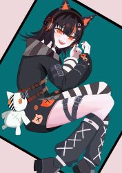  1girl ahoge animal_ear_headphones animal_ears arm_belt asymmetrical_legwear asymmetrical_sleeves bat_wings belt black_choker black_hair black_nails black_shoes black_sweater cat_ear_headphones cat_ears choker commentary_request cross-laced_clothes cross-laced_dress dress eyeball_hair_ornament fake_animal_ears full_body headphones highres layered_dress leg_belt long_sleeves looking_at_viewer loose_socks lycorissquami mahou_shoujo_no_majo_saiban multicolored_hair nail_polish open_mouth orange_eyes orange_nails orange_streaks sawatari_coco sharp_teeth shirt shoes short_hair single_thighhigh skirt skull socks solo streaked_hair striped_clothes striped_sleeves striped_thighhighs stuffed_animal stuffed_cat stuffed_toy sweater teeth thigh-highs white_shirt white_skirt wings 