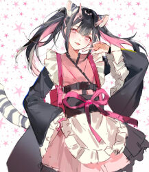  1boy :p animal_ear_fluff animal_ears apron backpack bag black_hair chinese_commentary cho_kaguya-hime! closed_mouth commentary_request cowboy_shot crossdressing crossdressing_(mtf) fox_shadow_puppet frilled_apron frilled_sleeves frills gradient_horns hand_on_own_hip head_tilt highres horns japanese_clothes kimono kimono_dress komazawa_noi komazawa_noi_(tsukuyomi) long_hair long_sleeves looking_at_viewer male_focus multicolored_hair multicolored_horns obi pink_bag pink_eyes pink_horns pink_kimono pink_streaks sash sidelocks smile solo star_(symbol) star_symbol_background streaked_hair striped_tail tail tiger_boy tiger_ears tiger_tail tongue tongue_out trap twintails waist_apron white_apron white_background wide_sleeves yoru_(yorusumire) 