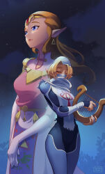  2girls artist_name blonde_hair blue_bodysuit blue_eyes bodysuit chocobodraws circlet closed_eyes closed_mouth commentary commission cowboy_shot dress earrings elbow_gloves english_commentary eye_symbol gem gloves highres holding_harp jewelry long_hair multiple_girls night pink_dress pointy_ears princess_zelda red_gem sheik sky standing super_smash_bros. the_legend_of_zelda the_legend_of_zelda:_ocarina_of_time triforce 