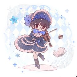  1girl :o argyle_background bib_collar black_eyes black_hair black_socks blue_background blue_bow blue_bowtie blue_dress blue_flower blue_rose book border bow bow_(music) bowtie bright_pupils bubble_skirt chibi chibi_only commentary_request dress flower footwear_bow frilled_sleeves frills glasses hair_bow head_wreath holding holding_bow_(music) holding_instrument holding_violin instrument kneehighs knees_together_feet_apart limbus_company lolita_fashion long_sleeves looking_to_the_side open_book open_mouth playing_instrument playing_violin project_moon rose short_hair skirt snowflakes snowing socks solo sora_(project_moon) stringtheoryszn violin waist_bow white_border white_headdress white_pupils wolfsbane_(flower) 