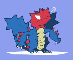  blank_eyes blue_background claws closed_mouth commentary_request dragon dragon_wings druddigon full_body highres no_humans nostrils pokemon pokemon_(creature) pokemon_focus puff_of_air redny simple_background solo spikes standing thick_lineart v-shaped_eyes wings 