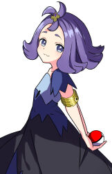  1girl :3 acerola_(pokemon) armlet arms_behind_back blue_eyes commentary_request dress flipped_hair hair_ornament highres holding holding_poke_ball jewelry looking_at_viewer multicolored_dress poke_ball pokemon pokemon_sun_and_moon purple_hair simple_background smile solo ta_(user_msxh3822) topknot white_background z-ring 