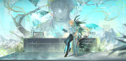  1boy absurdres aqua_shirt bare_tree black_pants black_shoes blonde_hair book book_stack chunbuchou closed_eyes closed_mouth coat facing_viewer hand_in_pocket highres holding holding_book long_hair looking_at_viewer luuk_herssen_(wuthering_waves) male_focus pants projected_inset red_eyes shirt shoes table tree white_coat wuthering_waves 