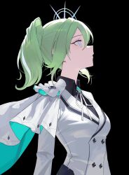  1girl absurdres aqua_cape aqua_eyes black_background black_shirt cape closed_mouth collared_shirt commentary from_side green_hair highres jacket long_sleeves looking_up multicolored_cape multicolored_eyes nbee_ya pink_eyes shirt short_hair simple_background stellive two-tone_cape two-tone_eyes untranslatable_commentary upper_body virtual_youtuber white_cape white_jacket yuzuha_riko yuzuha_riko_(1st_costume) 