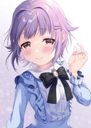  1girl black_bow black_bowtie blue_dress blush bow bowtie breasts brooch brown_eyes closed_mouth commentary_request dress fingernails grey_hair hair_flaps hair_intakes hair_ornament hairclip highres idolmaster idolmaster_cinderella_girls jewelry koshimizu_sachiko light_particles long_sleeves looking_at_viewer nako_narita no_panties parallel_hairclips pink_nails purple_background raised_eyebrows short_hair simple_background small_breasts smile solo upper_body 