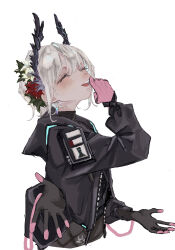  1girl arknights bird_girl black_gloves black_jacket black_shorts blush cable closed_eyes commentary_request extra_arms finger_to_mouth flower gloves hair_flower hair_ornament head_wings highres jacket marin_(jaguchi38) mechanical_arms medium_hair multicolored_gloves open_clothes open_jacket open_mouth pink_gloves raidian_(arknights) rhodes_island_uniform shorts smile white_background white_hair wings 