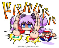  1girl afterimage artist_request baseball_uniform blue_eyes character_doll commentary_request copyright_notice doll empty_eyes hair_ornament jikkyou_powerful_pro_yakyuu katagiri_ren like_and_retweet long_hair multicolored_shirt official_art pom_pom_(clothes) pom_pom_hair_ornament power_pro-kun power_pro_appli purple_hair red_shirt shaded_face shirt solo sound_effects sportswear two_side_up white_shirt 