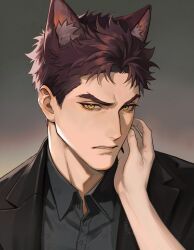  1boy 1o8k 1other animal_ears black_shirt collared_shirt commentary crew_cut english_commentary hand_on_another's_face highres looking_at_viewer love_and_deepspace male_focus nose red_hair shirt short_sideburns sideburns solo_focus valko_(love_and_deepspace) werewolf wolf_boy wolf_ears yellow_eyes 