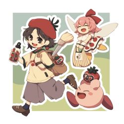  2girls :d adeleine backpack bag beret black_eyes black_socks blush_stickers border bottle brown_bag brown_hair brown_shoes closed_eyes commentary_request dress fairy fairy_wings green_background grey_pants hair_ribbon hat holding holding_bottle kirby kirby_(series) maxim_tomato multiple_girls open_mouth outline outside_border pants red_hat red_ribbon ribbon ribbon_(kirby) running shirt shoes short_hair short_sleeves smile socks white_border white_dress white_outline wings yellow_shirt yellow_shoes yh_limbow 