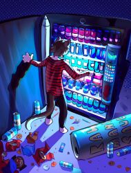  1boy absurdres animal_ears bag black_pants black_shirt brown_hair brown_tail cat_boy cat_ears cat_tail chips_(food) commentary cookie english_commentary food from_behind furry furry_male highres molokomyau original pants red_shirt shirt tail two-tone_shirt vending_machine 
