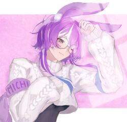  1girl animal_ears black_leotard commentary cropped_sweater glasses highres leotard leotard_under_clothes lop_rabbit_ears michi_mochievee michi_mochievee_(bunny) multicolored_hair one_eye_closed ori6116 patchwork_skin purple_hair rabbit_ears rabbit_girl red_pupils round_eyewear sidelocks solo stitched_face stitches streaked_hair sweater virtual_youtuber vshojo white_hair white_sweater 