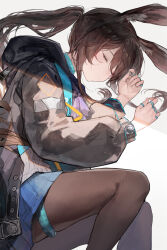  1girl amiya_(arknights) animal_ear_fluff animal_ears arknights arl ascot black_jacket black_pantyhose blue_skirt brown_hair closed_eyes commentary dress feet_out_of_frame fetal_position highres hood hooded_jacket infection_monitor_(arknights) jacket jewelry long_hair long_sleeves lying multiple_rings on_side pantyhose pleated_dress ponytail purple_ascot rabbit_ears rabbit_girl ring shirt simple_background skirt white_background white_shirt 