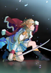  1girl absurdres aiguillette bad_id bad_pixiv_id belt black_boots blonde_hair boots confetti daiba_nana dual_wielding epaulettes falling_petals floating_clothes from_side full_body fur-trimmed_jacket fur_trim gradient_background green_eyes green_ribbon grey_background grey_skirt hair_ribbon highres holding holding_sword holding_weapon jacket jacket_on_shoulders katana leaning_forward long_sleeves looking_ahead on_one_knee outstretched_arms parted_lips petals pleated_skirt profile red_jacket red_sash reflective_floor ribbon sash short_hair shoujo_kageki_revue_starlight single_horizontal_stripe skirt solo spread_arms striped_clothes striped_skirt sword two_side_up waist_cape walluka weapon white_jacket yellow_belt yellow_trim 