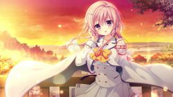  1girl bow bowtie buttons cape collarbone da_capo da_capo_iv double-breasted evening fence forest game_asset hair_bow hair_ornament highres kisaragi_yuu_(kisaragiyu) lapels long_hair long_sleeves looking_at_viewer miniskirt mishima_miu mountain nature non-web_source official_art open_mouth outdoors pink_hair pleated_skirt river sailor_collar school_uniform serafuku shirt skirt sleeve_cuffs standing striped_clothes tucking_hair violet_eyes white_cape white_sailor_collar white_shirt white_skirt wooden_fence yellow_bow yellow_bowtie 