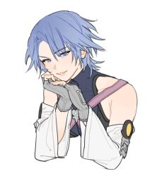  1girl aqua_(kingdom_hearts) bare_shoulders blue_eyes blue_hair commentary cropped_torso detached_sleeves fingerless_gloves gloves grey_gloves hair_between_eyes highres kh_dan0203 kingdom_hearts long_sleeves looking_at_viewer parted_lips short_hair smile solo untranslatable_commentary upper_body white_background wide_sleeves 