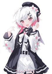  1girl :d belt beret black_choker black_coat black_hat center_frills choker coat collared_coat commentary flower flower-trimmed_shorts flower-trimmed_sleeves frills gradient_hair hair_flower hair_ornament hat hat_flower hat_ribbon highres long_sleeves mahou_shoujo_no_majo_saiban multicolored_hair neck_ribbon o-ring o-ring_thigh_strap open_mouth pants pink_eyes pink_hair ribbon sakuraba_ema shirt short_hair shorts simple_background sleeveless sleeveless_coat smile solo thigh_strap untranslatable_commentary white_background white_flower white_hair white_pants white_ribbon white_shirt white_shorts white_sleeves x_hair_ornament youkai_(melticecre4m) 