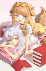  2girls :3 :d absurdres ahoge animal_ear_fluff animal_ears apron book book_stack bow bow_hairband brown_hair butter_(trickcal) cat_ears cat_girl cat_tail closed_mouth commentary_request dog_ears dog_girl dog_tail ear_bow fang hair_intakes hairband highres kommy_(trickcal) long_hair looking_at_viewer multiple_girls open_mouth pillow pink_shorts shirt short_sleeves shorts simple_background smile striped_clothes striped_thighhighs swept_bangs tail thick_eyebrows thigh-highs trickcal white_background white_hair white_shirt yellow_apron yellow_eyes yellow_hairband yellow_thighhighs zen.nico 