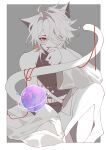  1boy absurdres ahoge alef_(sky:_children_of_the_light) antenna_hair bare_shoulders belt bishounen cat_boy cat_girl cat_tail earrings fang fang_out floating galaxy globe grey_hair hair_over_one_eye highres jewelry jiusuidebaize long_sleeves looking_at_viewer male_focus open_mouth red_eyes red_nails short_hair single_sleeve sitting sky:_children_of_the_light solo spiky_hair string string_of_fate tail white_hair 