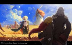  1other 6+boys 6+girls anniversary black_coat blonde_hair clock clouds coat collared_shirt commentary_request dante_(limbus_company) don_quixote_(project_moon) dual_persona epaulettes facing_away faust_(project_moon) field flaming_head gregor_(project_moon) happy_anniversary heathcliff_(project_moon) highres hong_lu_(project_moon) ishmael_(project_moon) korean_commentary la_manchaland's_don_quixote_(project_moon) lapels layer_(layer_illust) limbus_company long_sleeves meursault_(project_moon) multiple_boys multiple_girls necktie object_head outdoors outis_(project_moon) project_moon red_coat rodion_(project_moon) ryoshu_(project_moon) sancho_(project_moon) shirt short_hair sinclair_(project_moon) sky smile wheat_field windmill yi_sang_(project_moon) 