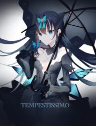  1girl animal_ears arcaea black_dress black_gloves black_hair black_umbrella blue_bow blue_eyes bow cat_ears closed_mouth collar crossed_bangs detached_collar double_bun dress fake_animal_ears frilled_collar frills gloves hair_between_eyes hair_bow hair_bun highres holding holding_umbrella long_hair long_sleeves looking_at_viewer nei_0907_art simple_background solo song_name strapless strapless_dress tairitsu_(arcaea) tairitsu_(tempest)_(arcaea) umbrella upper_body white_background 