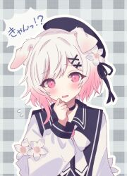  1girl animal_ears beret black_hat commentary_request dog_ears flower gradient_hair hair_flower hair_ornament hat highres long_sleeves looking_at_viewer mahou_shoujo_no_majo_saiban multicolored_hair open_mouth pink_eyes pink_hair ribbon sakuraba_ema short_hair white_flower white_hair x_hair_ornament yua_(yua0116) 