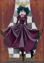  1girl alternate_costume alternate_eye_color alternate_hairstyle black_boots boots border checkered_background collarbone commentary_request curtains d.gray-man dress drill_hair eyelashes frilled_dress frills green_eyes green_hair hair_between_eyes halterneck head_tilt high_heel_boots high_heels highres holding_own_dress juliet_sleeves lenalee_lee light_smile long_dress long_hair long_sleeves looking_at_viewer official_alternate_costume official_alternate_hairstyle outside_border parted_bangs puffy_sleeves purple_dress salt-off sidelocks solo stage_curtains standing standing_on_one_leg twin_drills twintails very_long_hair yellow_border 