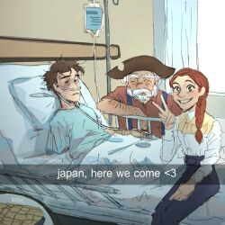  1girl 2boys amputee arm_hair bad_end beard bed black_pants braid brown_hair closed_eyes double_amputee english_text facial_hair food freckles green_eyes hair_over_shoulder hat hospital hospital_bed hospital_gown humanization injury intravenous_drip jessie_the_yodeling_cowgirl long_hair looking_at_viewer multiple_boys mustache old old_man old_woman on_bed pants pillow red_hair scar sheriff_woody shirt short_hair sitting smile stinky_pete suspenders thick_eyebrows toy_story toy_story_2 v wheelchair white_hair wrinkled_skin 