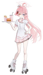  1girl alternate_costume blue_archive blue_eyes burger cherry_hair_ornament closed_mouth commentary_request cup disposable_cup drinking_straw food food-themed_hair_ornament french_fries hair_ornament hairclip halo hand_on_own_hip hat heterochromia highres holding holding_polearm holding_weapon hoshino_(blue_archive) long_hair looking_at_viewer mini_hat name_tag nyangpan orange_eyes pigeon-toed pink_hair pink_halo pink_skirt pleated_skirt polearm ponytail roller_skates shirt shoes short_sleeves simple_background skates skirt smile solo very_long_hair waitress weapon white_background white_shirt white_shoes x_hair_ornament 