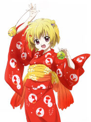  1girl :d absurdres animal_print balloon bear_hair_ornament blonde_hair fang fish_print hair_ornament highres higurashi_no_naku_koro_ni houjou_satoko japanese_clothes kimono logo looking_at_viewer obi print_kimono red_kimono sakai_kyuuta sash short_hair simple_background smile solo water_balloon water_yoyo white_background yukata 