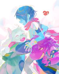  1boy 1girl 1other armlet armor blue_hair blue_skin bracelet claws closed_eyes colored_skin deltarune english_commentary fangs floppy_ears goat_horns green_robe grin highres horns hug jewelry kris_(dark_world)_(deltarune) kris_(deltarune) niri_i open_mouth pink_hair pink_horns pink_scarf pink_skin ralsei red_soul_(utdr) robe round_eyewear scarf smile soul_(utdr) spiked_armlet spiked_bracelet spikes susie_(dark_world)_(deltarune) susie_(deltarune) sweatdrop utdr_(toby_fox) white_background white_fur 