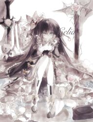  1girl arcaea artist_name bib_collar black_dress black_hair black_ribbon blue_eyes bow carnation celia. commentary crossed_bangs dress dress_bow flower frilled_dress frills full_body gothic_lolita hair_between_eyes hair_ornament hair_ribbon highres lolita_fashion long_hair long_sleeves looking_at_viewer planted planted_sword puffy_shorts ribbon ring_hair_ornament shoes shorts signature simple_background sitting solo sword tairitsu_(arcaea) tairitsu_(axium)_(arcaea) weapon white_background white_shoes 