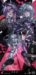  1boy 1girl 40_n.i.c.k alternate_costume banzoin_hakka black_hands blue_eyes boots colored_extremities earrings eyelashes face_piercing grey_hair highres holostars holostars_english horns indie_virtual_youtuber jewelry leg_warmers lip_piercing multicolored_hair multiple_views official_art perspective piercing purple_hair purple_nails ring shoe_soles single_hair_streak streaked_hair thigh_strap virtual_youtuber white_leg_warmers white_streaks xiayou1104 