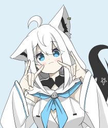  1girl :3 animal_ear_fluff animal_ears blue_eyes blush breasts commentary english_commentary fox_ears fox_girl fox_shadow_puppet fox_tail hololive hood hoodie looking_at_viewer medium_breasts rin_takatuki shirakami_fubuki shirakami_fubuki_(1st_costume) solo tail upper_body white_hoodie 