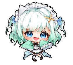  1girl blue_eyes bow chibi commentary dress gradient_hair green_hair green_sleeves hair_bow hair_ornament highres indie_virtual_youtuber ma_draws maid_headdress mint_fantome mint_fantome_(minto_2.0) multicolored_hair open_mouth short_hair sleeves_past_wrists solo triangular_headpiece virtual_youtuber white_background white_hair x_hair_ornament 