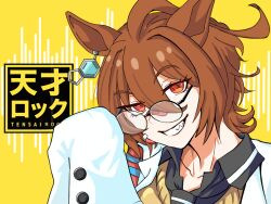  1girl adjusting_eyewear agnes_tachyon_(umamusume) ahoge animal_ears black_shirt brown_hair chemical_structure clenched_teeth collarbone collared_shirt commentary_request ear_ornament earrings glasses hand_on_eyewear hand_up horse_ears horse_girl huge_ahoge jewelry lab_coat long_sleeves medium_hair parted_lips red_eyes shirt single_earring sleeves_past_fingers sleeves_past_wrists smile solo teeth translation_request umamusume user_nhsf5543 wing_collar 