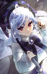  1girl ahoge ascot black_nails bow bowtie breasts closed_mouth frills from_above gem hairband highres holding holding_umbrella htbjca3l large_breasts long_hair long_sleeves looking_at_viewer mole mole_under_eye multicolored_hair pointy_ears purple_ascot purple_bow purple_bowtie purple_gem purple_hair purple_hairband purple_umbrella red_eyes shirt shrug_(clothing) smile solo streaked_hair umbrella vivian_banshee white_shrug zenless_zone_zero 
