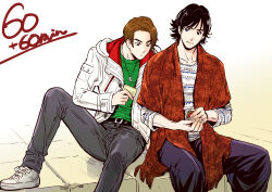  2boys animification black_hair brown_hair closed_mouth commentary_request core_medal green_shirt grey_pants hino_eiji holding in-franchise_crossover jacket jewelry kamen_rider kamen_rider_drive_(series) kamen_rider_ooo_(series) knee_up layered_clothes long_sleeves male_focus multiple_boys necklace open_clothes open_jacket pants parashima_tenko shijima_gou shirt shoelaces shoes short_hair sitting white_shoes 