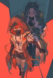  2girls absurdres arknights bags_under_eyes black_coat black_gloves black_shorts blood blood_on_clothes blue_eyes blue_pants breasts chinese_commentary coat commentary_request crownslayer_(arknights) denim dopperu_ben elbow_gloves feather_hair fingerless_gloves glasses gloves green_coat hair_ornament hairclip highres holding holding_needle hyena_ears hyena_girl hyena_tail jeans long_hair mask medium_breasts mouth_mask multicolored_hair multiple_girls needle open_clothes open_coat pants pants_under_shorts red_eyes red_hair semi-rimless_eyewear shirt short_hair shorts snegurochka_(arknights) standing streaked_hair sweatdrop torn_clothes torn_pants under-rim_eyewear white_shirt white_streaks 