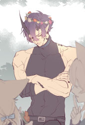  1boy 2girls abs animal_ears arknights bandaged_arm bandages bare_shoulders belt black_nails black_shirt blue_bow bow closed_eyes closed_mouth commentary_request covered_collarbone crossed_arms demon_boy demon_horns dog_ears dog_girl dry-er finger_to_mouth flamebringer_(arknights) flower flower_wreath fox_ears fox_girl hair_between_eyes hair_bow head_wreath highres horns index_finger_raised infection_monitor_(arknights) male_focus material_growth multiple_girls muscular muscular_male oripathy_lesion_(arknights) podenco_(arknights) pointy_ears purple_hair red_flower shirt short_hair shushing sleeveless sleeveless_shirt solo_focus suzuran_(arknights) toned toned_male 