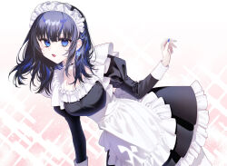  1girl amamori_junna amamori_junna_wa_shitsudo_ga_takai apron black_dress black_hair blue_eyes blue_hair blue_nails choker colored_inner_hair commentary_request dress earrings frilled_apron frilled_choker frills hand_up jewelry leaning_forward long_sleeves looking_at_viewer maid maid_apron maid_headdress medium_hair multicolored_hair nail_polish official_alternate_costume official_art open_mouth puffy_sleeves second-party_source shiozaki_shino solo sparkle_background waist_apron white_apron white_headdress 