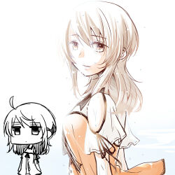  1girl aglio ahoge arms_at_sides bare_shoulders black_ribbon brown_eyes brown_hair chibi chibi_inset closed_mouth clothing_cutout commentary_request crying crying_with_eyes_open fatal_frame fatal_frame:_maiden_of_black_water from_side gradient_background grey_background jitome kozukata_yuuri light_smile long_hair looking_ahead looking_at_viewer looking_to_the_side lowres multiple_views orange_shirt parted_lips partially_colored ribbon shirt short_sleeves shoulder_cutout sleeve_ribbon strapless strapless_shirt tears two-tone_background upper_body wet wet_hair white_background white_shirt 