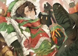  1boy 3others belt black_gloves black_pants black_shoes blush bow brown_hair christmas closed_eyes commentary_request creature crossed_legs curtained_hair e.g.o_(project_moon) eyebrow_cut gift gloves gnome_(project_moon) green_bow green_eyes green_hat green_jacket green_sweater grin hat heathcliff_(project_moon) highres holding holding_gift holiday_(e.g.o) jacket limbus_company looking_at_viewer monster multicolored_jacket multicolored_sweater multiple_others official_alternate_costume open_mouth pants patchwork_clothes pom_pom_(clothes) project_moon reclining red_bow red_jacket ribbon sandolph_(project_moon) santa_hat scar scar_on_face scarf shoe_soles shoes short_hair side_part sidelocks sideways_glance sitting smile snowing striped_clothes striped_sweater sweater teeth teihen_do_9981 two-tone_bow two-tone_scarf ugly_sweater white_belt white_jacket white_sweater wide-eyed wrench yellow_ribbon 