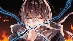  1girl amiya_(arknights) arknights black_jacket brown_hair casting_spell clenched_hand closed_eyes closed_mouth commentary_request embers facing_viewer fire hair_between_eyes hand_up jacket jewelry long_hair long_sleeves magic moume_a multiple_rings portrait ring solo 