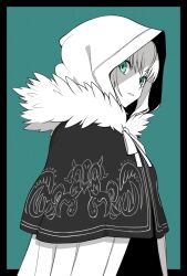  1girl aqua_background aqua_eyes ayu_(ddestiny944) black_border border capelet commentary_request fate/grand_order fate_(series) fur_trim gray_(fate) hair_between_eyes highres hood hood_up looking_at_viewer lord_el-melloi_ii_case_files mixed-language_commentary outside_border partially_colored short_hair simple_background solo 