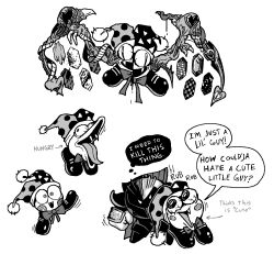  bloodshot_eyes blush_stickers body_horror bow bowtie cape english_commentary fangs greyscale hat heart jester_cap kirby_(series) marx_(kirby) meta_knight monochrome multiple_views no_humans open_mouth scrimblor1 smile veins 