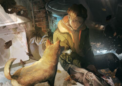  1boy absurdres air_conditioner alley blood blood_on_weapon bone brick_wall building combat_knife crying dog falling_leaves highres holding holding_weapon knife leaf on_ground original outdoors sitting tonomura_yuyu trash trash_bag trash_can urban weapon 