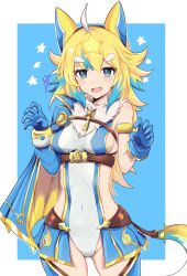  1girl absurdres ahoge animal_ears belt blonde_hair blue_cloak blue_eyes blue_gloves blue_hair blue_thighhighs bracelet breasts claw_pose cloak commentary_request dog_ears ferule gloves high-waist_belt highleg highres jewelry key koshian_(taiyaki) messy_hair multicolored_hair open_mouth puzzle_&amp;_dragons sideboob single_bare_shoulder solo standing thigh-highs white_hair 